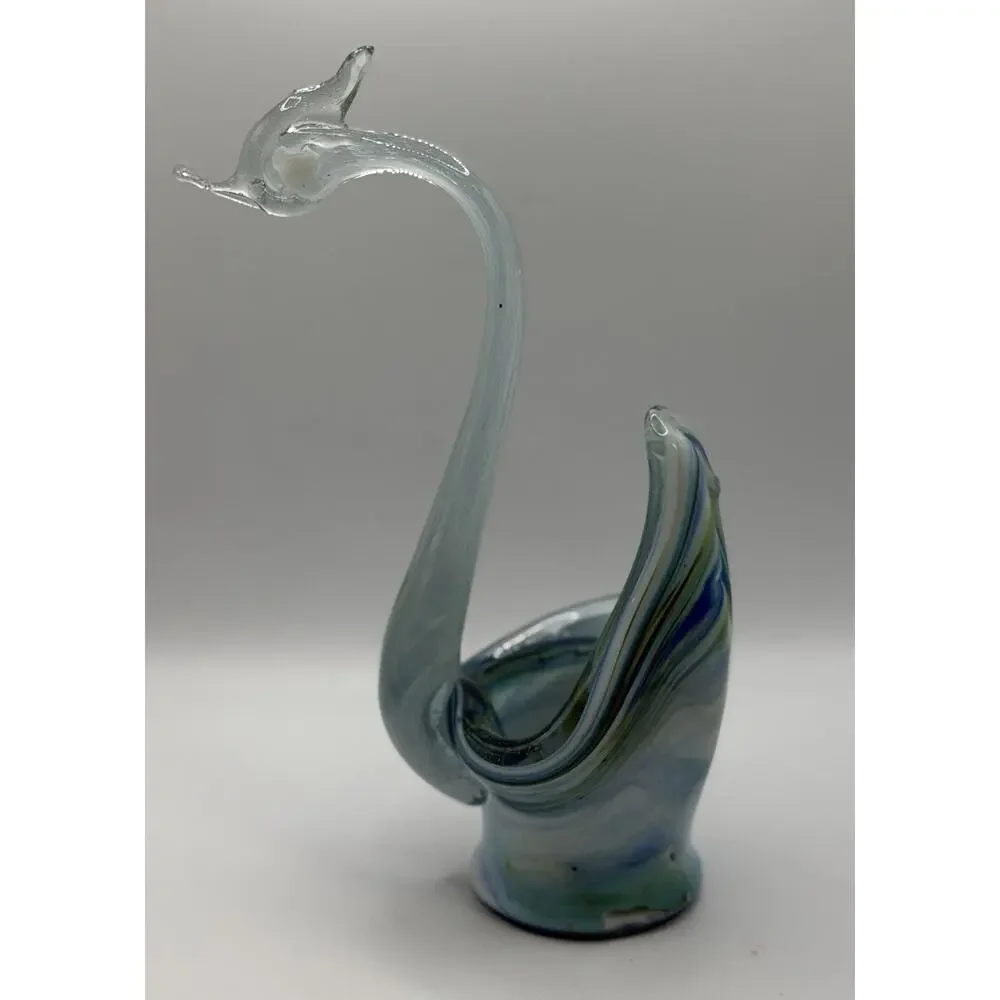 Vintage Hand Blown Art Glass Swan Vase Blue Slag Swirl MCM 10.5”